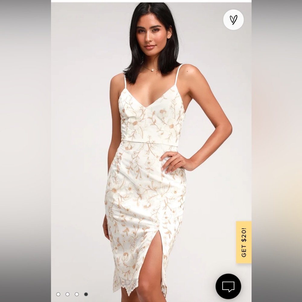 Lulus Starleena Cream and Taupe Floral Embroidered Bodycon Midi Dress